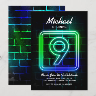Neon Birthday invitation for Boy 9th Birthday