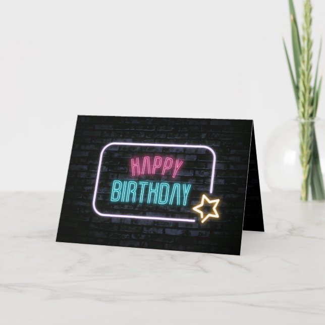 Neon Birthday Marquee On Brick Card (Front)
