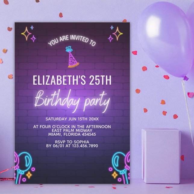 Neon Birthday Party Invitation Brick Wall Style (Créateur téléchargé)