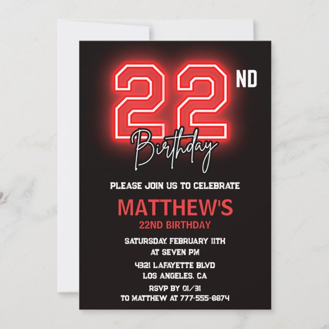 Neon Black 22e anniversaire invitation Hommes anni (Devant)