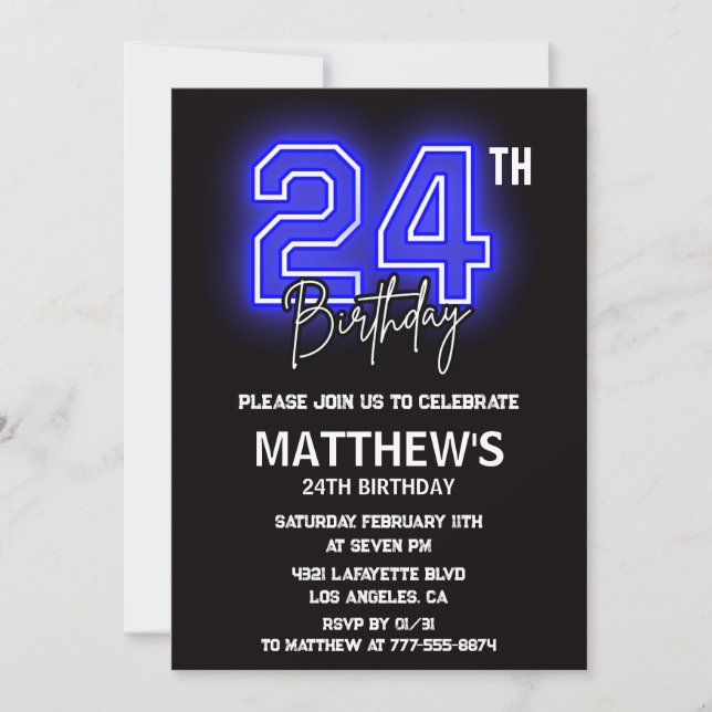 Neon Black 24e anniversaire invitations Hommes Spo (Devant)