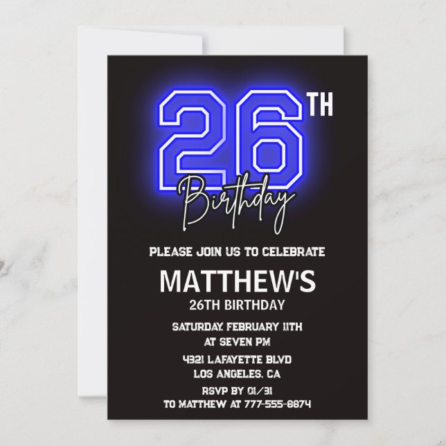 Neon Black 26e anniversaire invitations Hommes Spo (Devant)