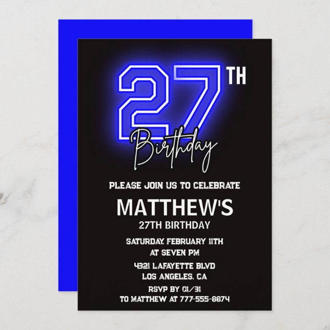 Neon Black 27e anniversaire invitations Hommes Spo (Devant / Derrière)