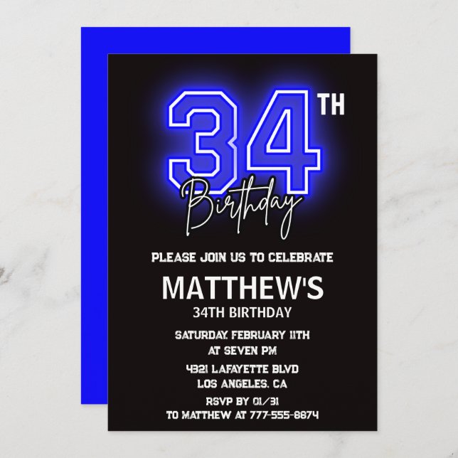 Neon Black 34th birthday invitations Men Sport (Front/Back)