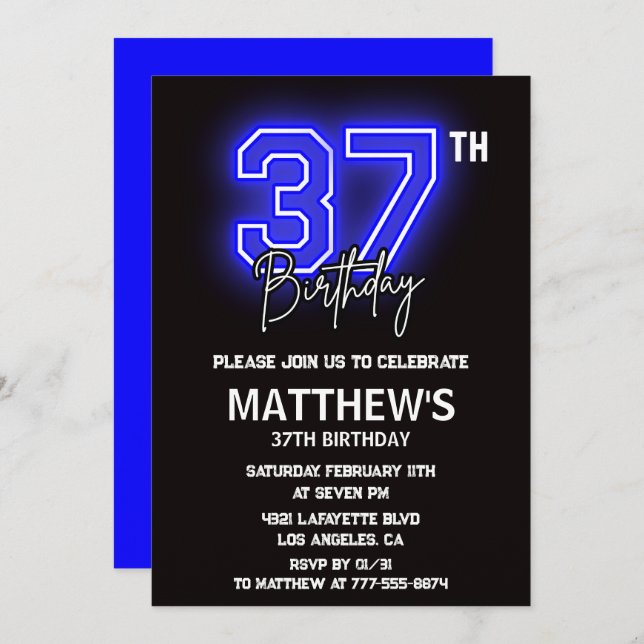 Neon Black 37th birthday invitations Men Sport (Front/Back)
