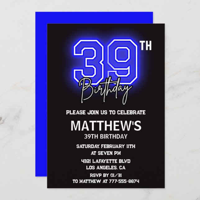 Neon Black 39e anniversaire invitations Hommes Spo (Devant / Derrière)