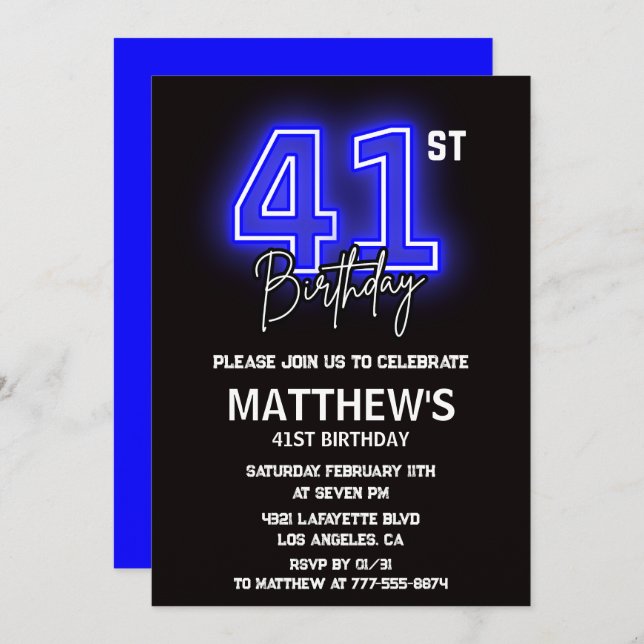 Neon Black 41st birthday invitations Men Sport (Front/Back)