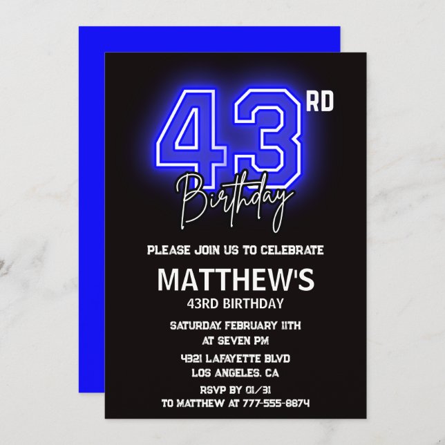 Neon Black 43e anniversaire invitations Hommes Spo (Devant / Derrière)
