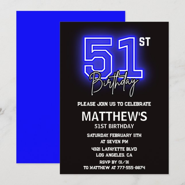 Neon Black 51st birthday invitations Men Sport (Front/Back)
