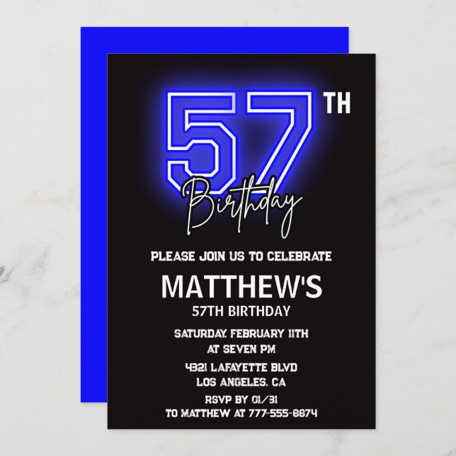 Neon Black 57th birthday invitations Men Sport (Front/Back)
