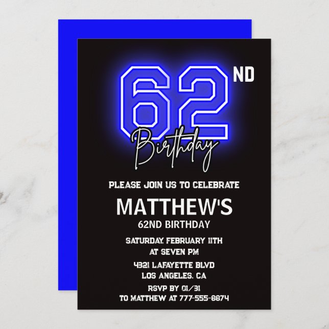 Neon Black 62nd birthday invitations Men Sport (Front/Back)