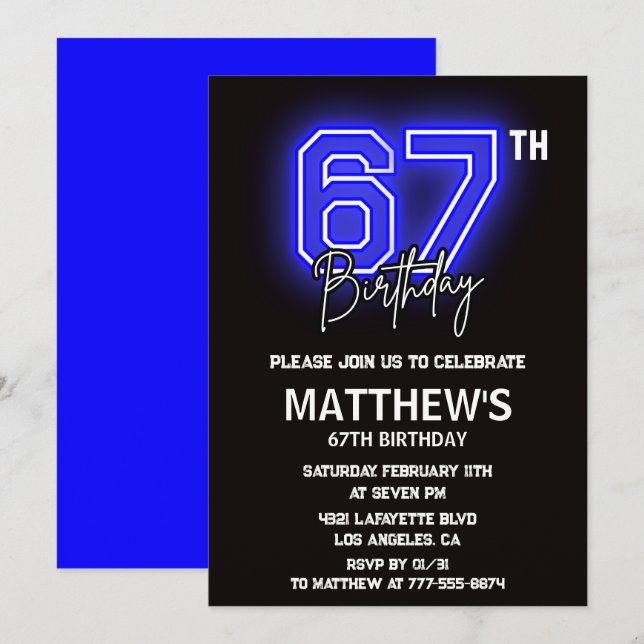 Neon Black 67th birthday invitations Men Sport (Front/Back)