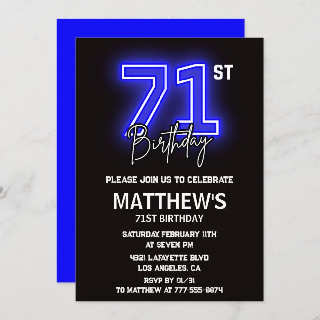 Neon Black 71e anniversaire invitations Hommes Spo (Devant / Derrière)
