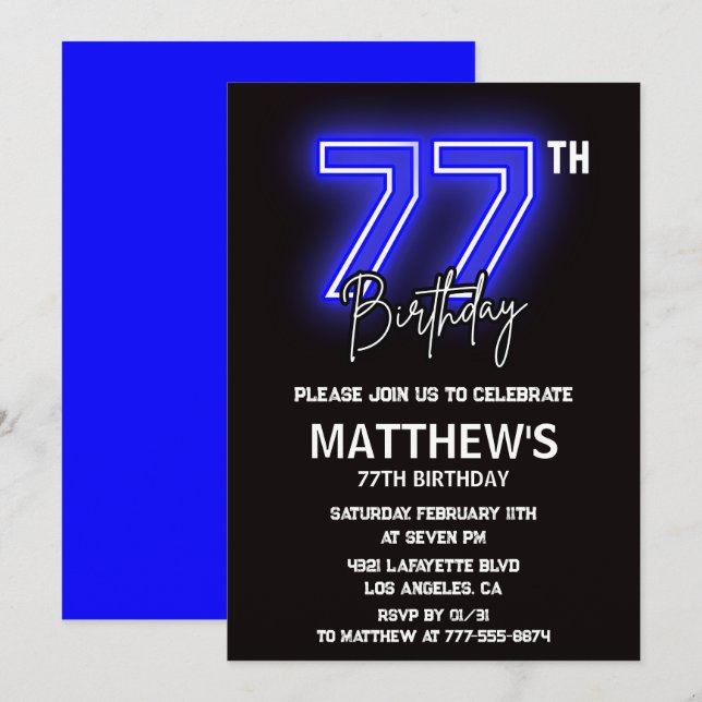 Neon Black 77e anniversaire invitations Hommes Spo (Devant / Derrière)