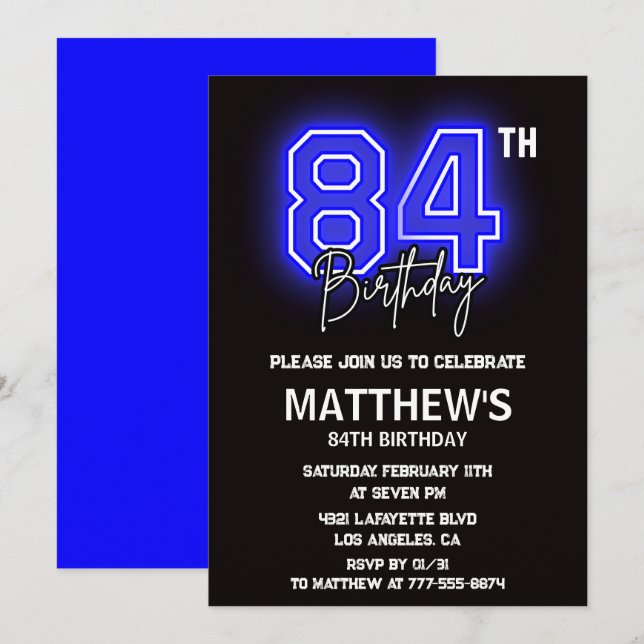 Neon Black 84th birthday invitations Men Sport (Front/Back)