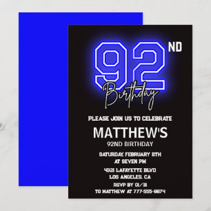 Neon Black 92nd birthday invitations Men Sport