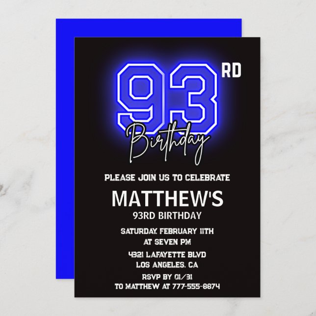 Neon Black 93e anniversaire invitations Hommes Spo (Devant / Derrière)