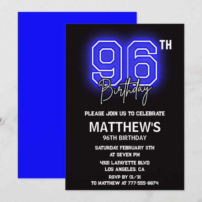 Neon Black 96th birthday invitations Men Sport (Front/Back)