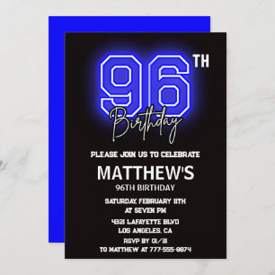 Neon Black 96th birthday invitations Men Sport
