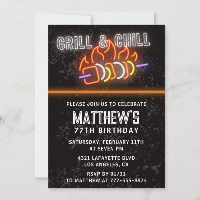 Neon Black Bbq Grill and Chill 77th birthday Invitation (Front)