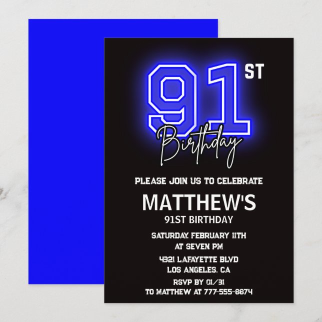 Neon Black Blue 91st birthday invitations (Front/Back)