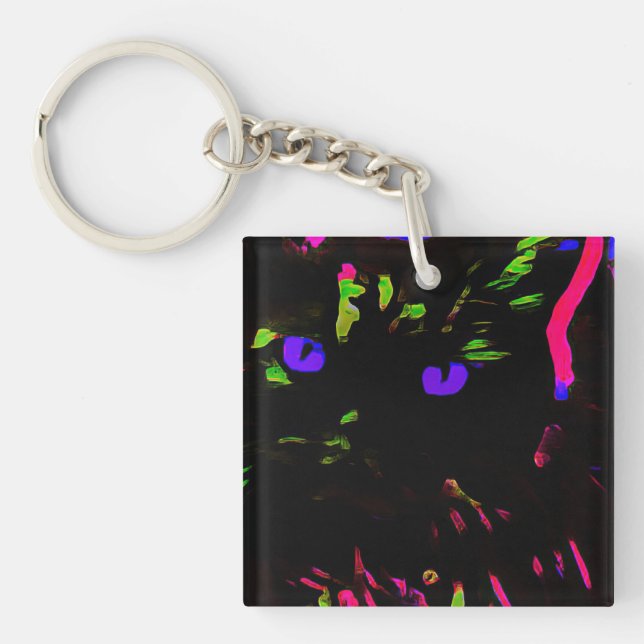 Neon Black Cat with Glowing Eyes Keychain (Front)