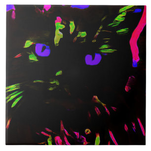 Neon Black Cat with Glowing Eyes Tile