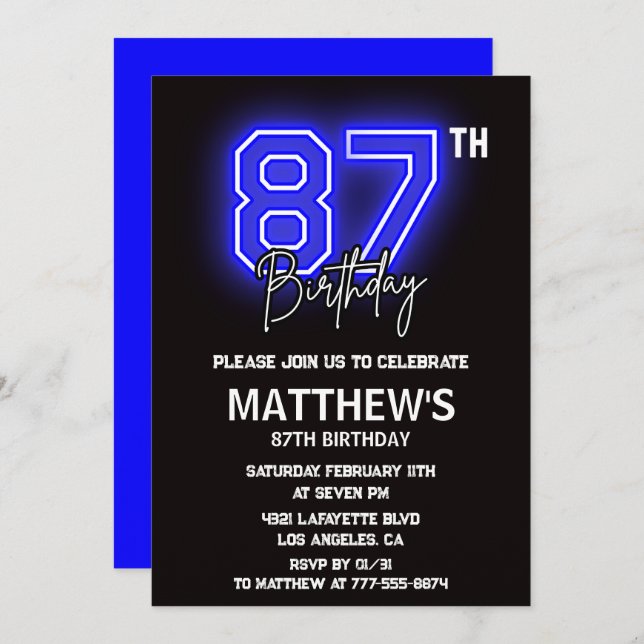 Neon Black invitations pour 87e anniversaire Men S (Devant / Derrière)