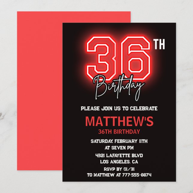 Neon Black Red Men Sport 36th birthday Invitation (Front/Back)