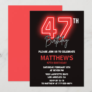 Neon Black Red Men Sport 47th birthday Invitation