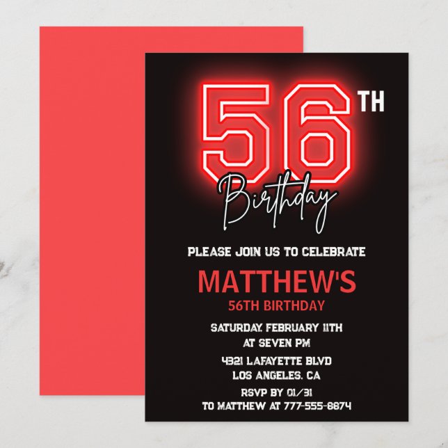 Neon Black Red Men Sport 56th birthday Invitation (Front/Back)