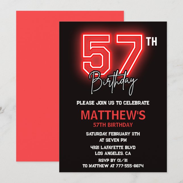 Neon Black Red Men Sport 57th birthday Invitation (Front/Back)