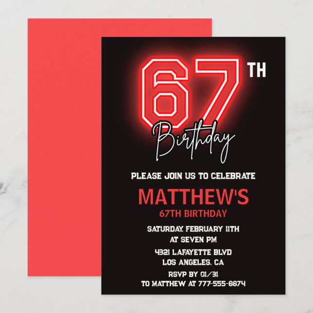 Neon Black Red Men Sport 67th birthday Invitation (Front/Back)