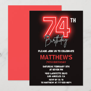Neon Black Red Men Sport 74th birthday Invitation