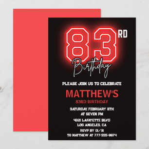 Neon Black Red Men Sport 83rd birthday Invitation
