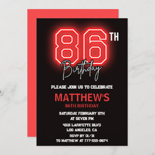Neon Black Red Men Sport 86th birthday Invitation