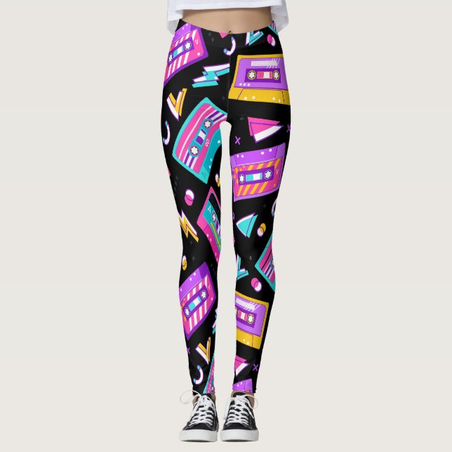 Neon & Black Trendy 80's Cassette Music Leggings (Front)