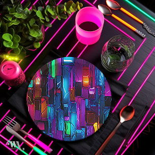 Neon Blacklight Abstract Stained Glass Paper Plate