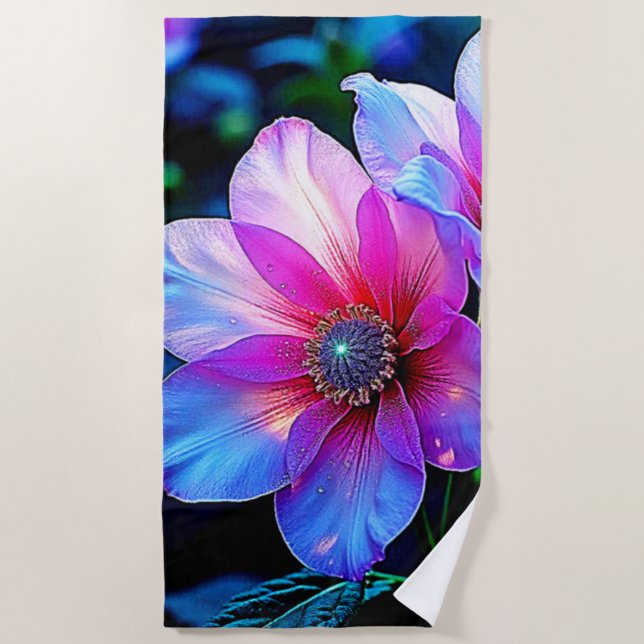 Neon Bloom Flower Magic Glow Design Beach Towel (Front)