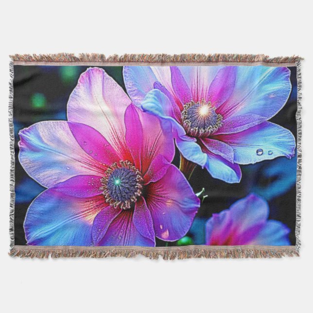 Neon Bloom Flower Magic Glow Design Throw Blanket (Front)