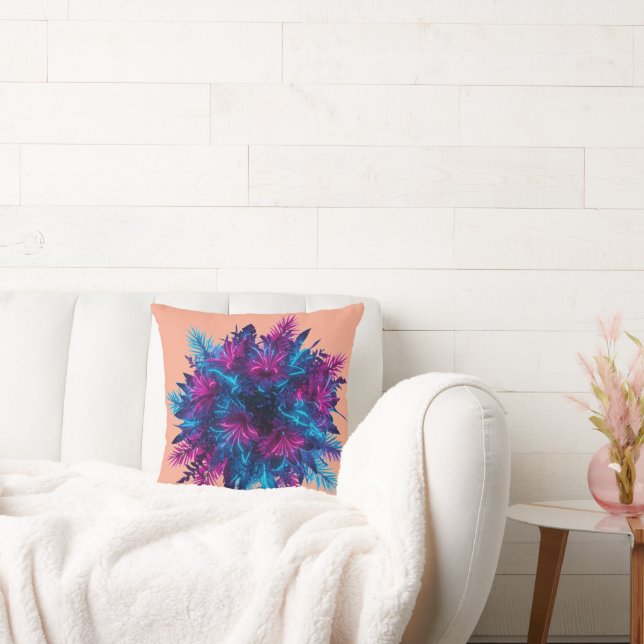 Neon Bloom: Futuristic Bioluminescent Floral Art Throw Pillow (Couch)