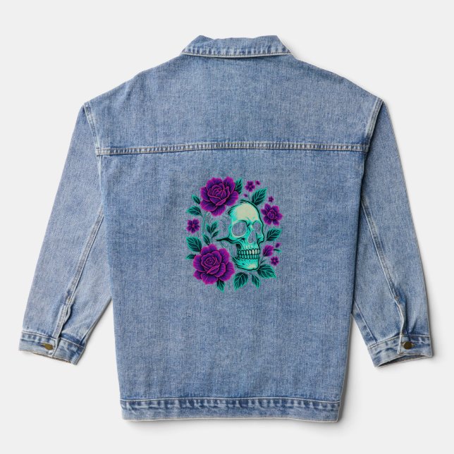 Neon Bloom – Skull in Roses Denim Jacket (Back)