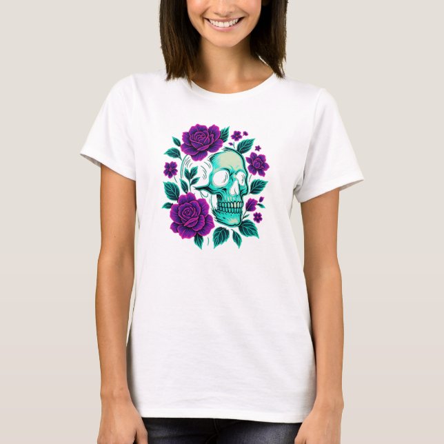 Neon Bloom – Skull in Roses T-Shirt (Front)