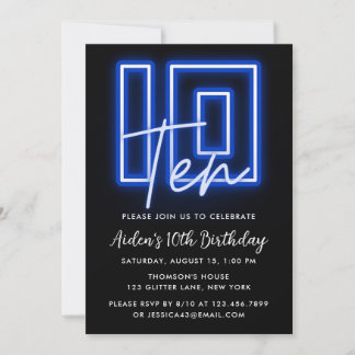 Neon Blue 10th Birthday Invitation