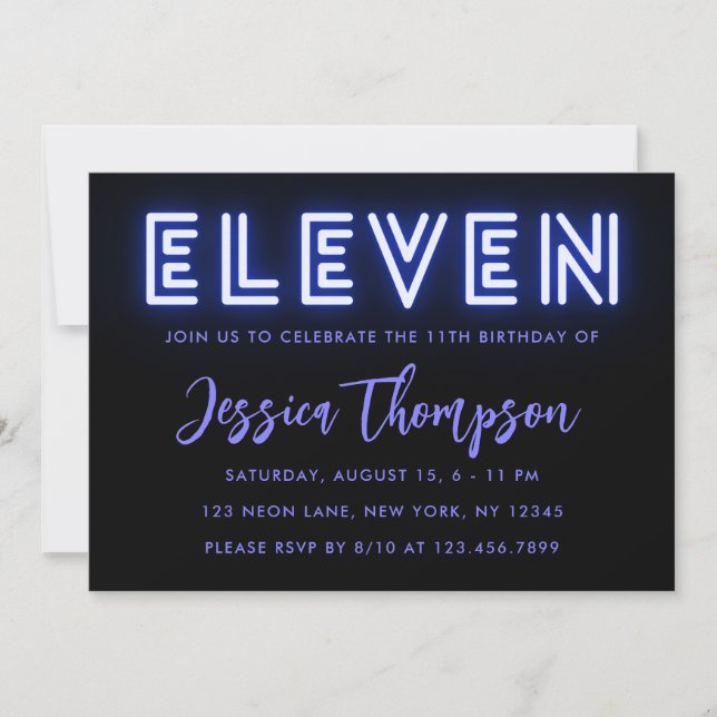 Neon Blue 11th Birthday Invitation (Front)