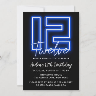 Neon Blue 12th Birthday Invitation