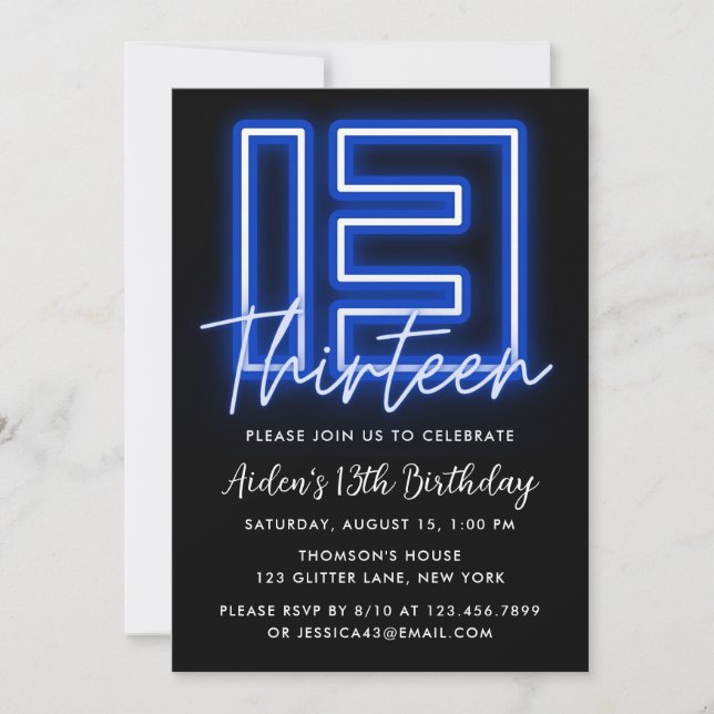Neon Blue 13th Birthday Invitation (Front)