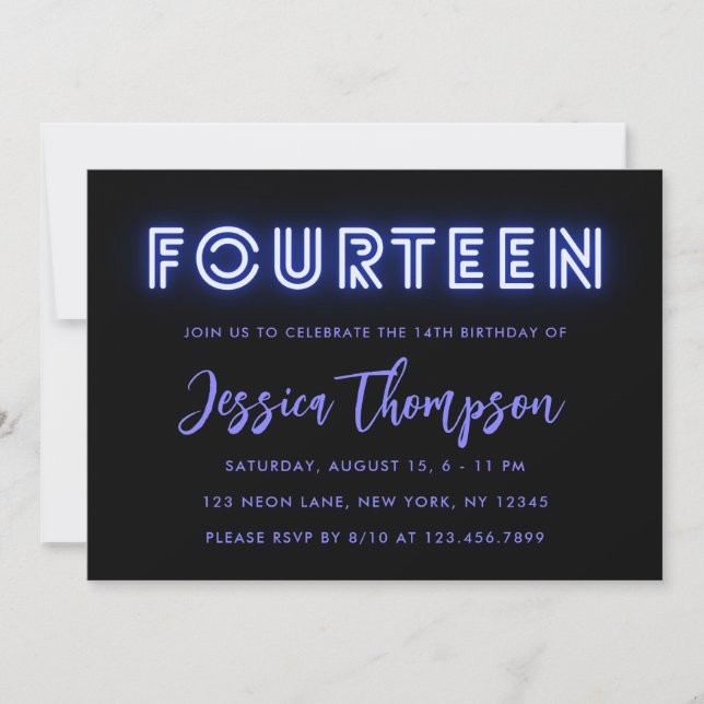Neon Blue 14th Birthday Invitation (Front)