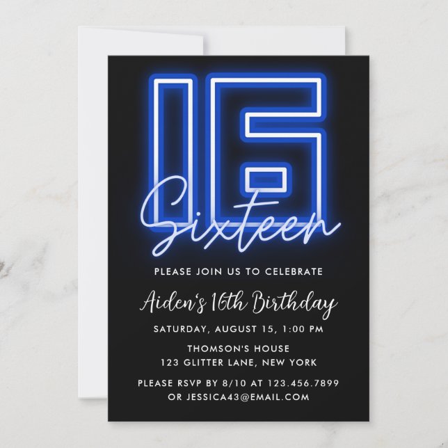 Neon Blue 16e anniversaire Invitation (Devant)