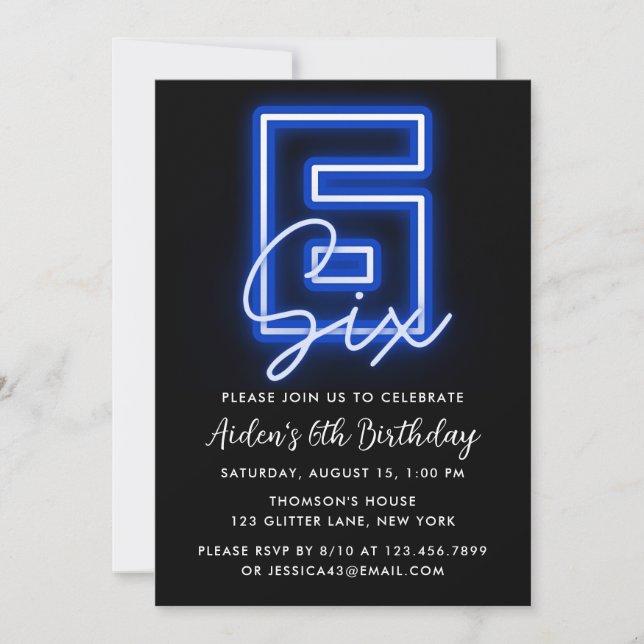 Neon Blue 6th Birthday Invitation (Front)